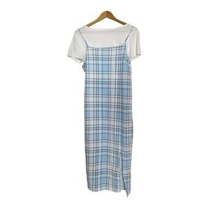 Plaid Slip Dress Layered Set Blue Midi Dress + Ribbed Tee NWT Size XL